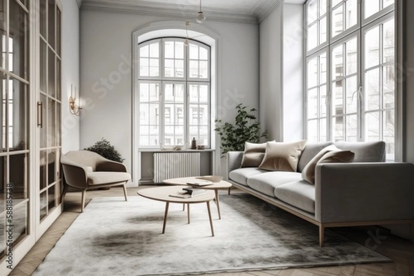 Fototapeta spacious and well-furnished living room with ample natural light streaming in through the large windows. Generative AI
