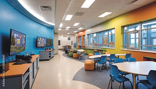 Fototapeta Bright modern classroom with empty chairs and desks generated by AI
