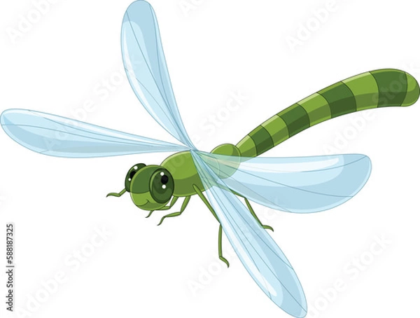 Fototapeta Cartoon funny dragonfly on white background