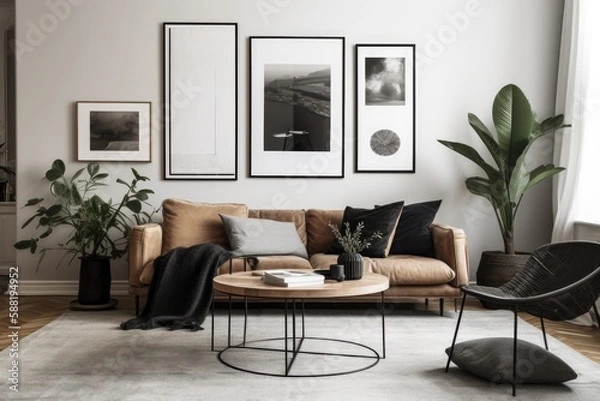 Obraz cozy living room with decorative elements and furniture. Generative AI