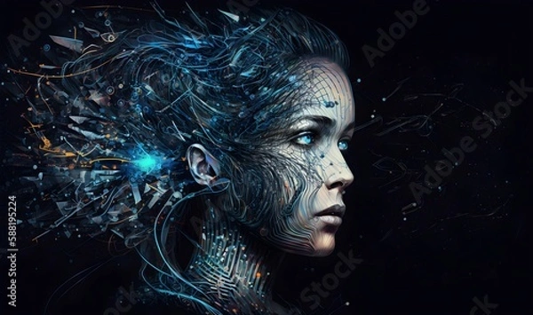 Fototapeta AI robots that become one with the galaxy. Generative AI.