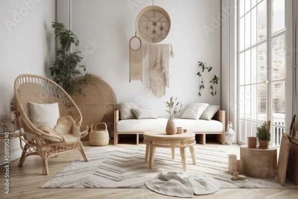 Fototapeta cozy living room with a spacious window and plenty of furniture. Generative AI