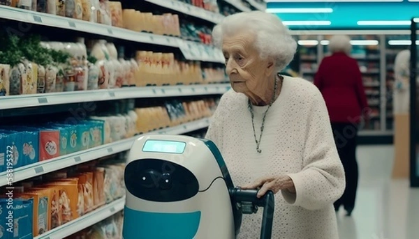 Obraz Smart robot helps elderly people select products at supermarkets. Generative AI.