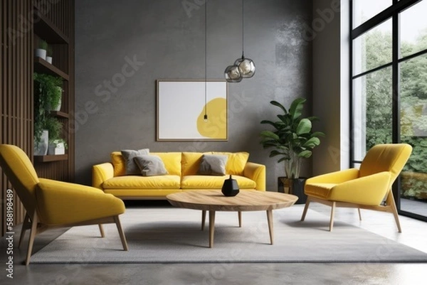 Fototapeta cozy living room with natural light pouring in from a large window. Generative AI