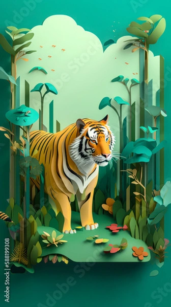 Fototapeta Bengal tiger walking through a forest, with the paper art creating the trees and foliage in the background, and the jungle foliage to create a 3D effect