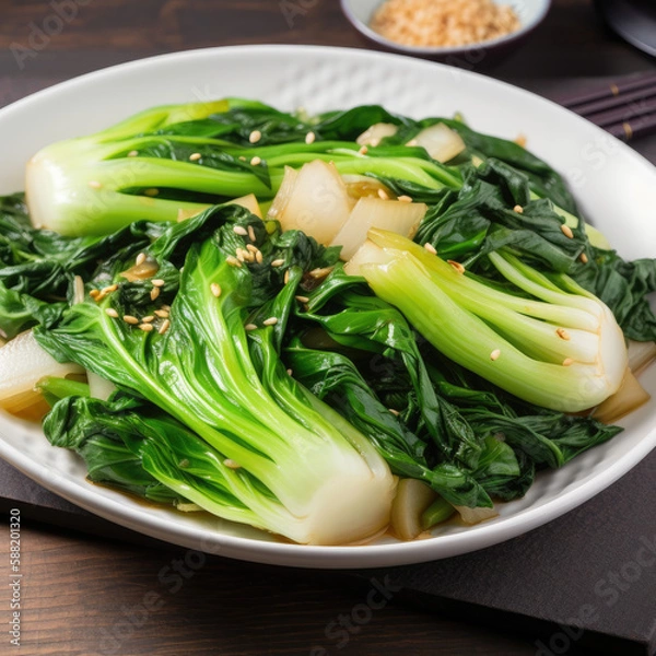 Obraz Bok choi and garlic dish, created with Generative AI technology