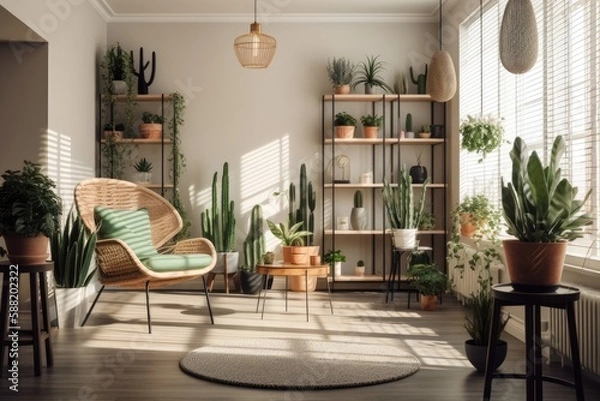 Fototapeta lush indoor garden in a cozy living room. Generative AI