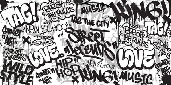 Fototapeta Graffiti background with throw-up and tagging hand-drawn style. Street art graffiti urban theme for prints, banners, and textiles in vector format.