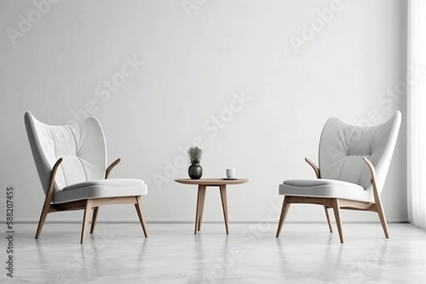 Fototapeta Home mockup, white room with natural wooden furniture, Scandi boho style interior backgroundGenerative AI	
