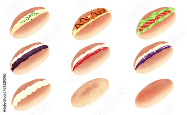Fototapeta イラスト素材・コッペパン9種セット コロッケサンド 白背景 色違い・差分あり