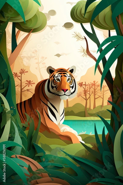 Fototapeta Bengal tiger in its natural habitat, with the kirigami card paper art creating the grasslands and trees in the background. The tiger is shown in a relaxed pose.