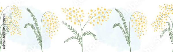 Obraz Floral watercolor border with mimosa flowers. Hand drawn washi tape design.