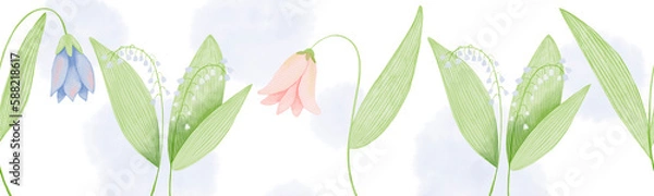 Obraz Floral watercolor border with tulips. Hand drawn washi tape design.