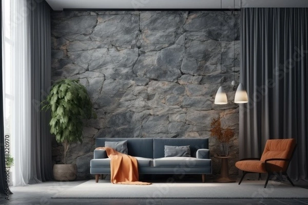 Fototapeta modern living room with a rustic stone accent wall and a comfortable blue sofa. Generative AI