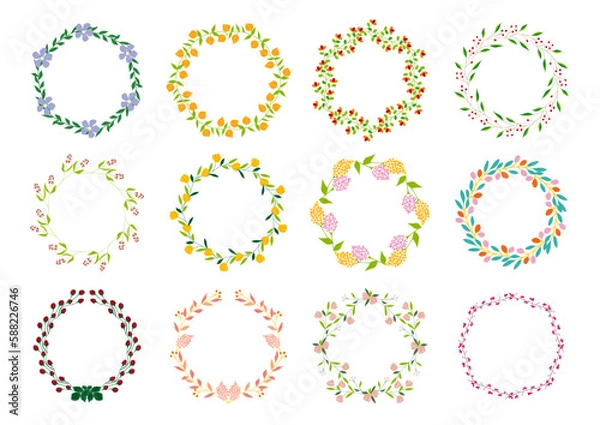 Obraz 花や葉っぱのシンプルで可愛いカラフルなボタニカルリース　アイコン素材、ベクター