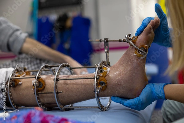 Obraz Ilizarov apparatus on the leg. A man with a sore leg is examined by a doctor.