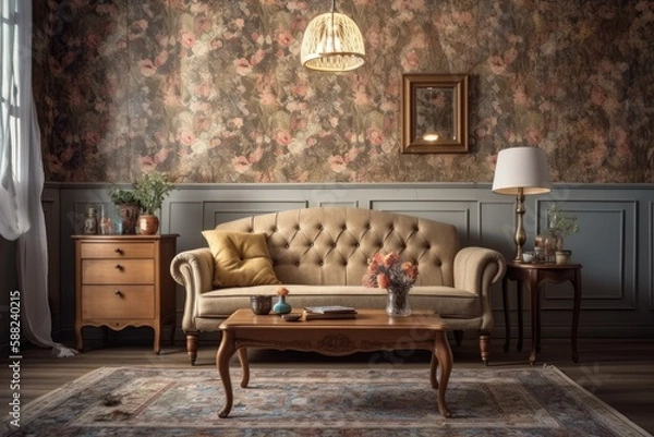 Fototapeta cozy living room with a comfortable couch and a coffee table. Generative AI