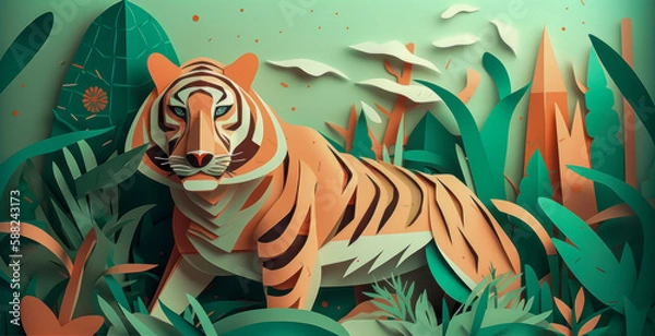 Fototapeta Bengal tiger in a wildlife sanctuary, with the kirigami paper art creating the details of the sanctuary fence and surrounding landscape