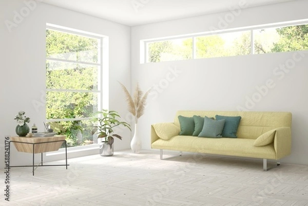 Obraz White living room with sofa and summer landscape in window. Scandinavian interior design. 3D illustration