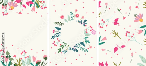 Fototapeta Card combo with wildflowers in a circle, a wreath in the middle and space for text. Floral cards for birthdays, weddings, mother's day, spring and more. Vector illustration.