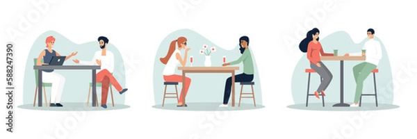Fototapeta Set of cartoon characters sitting at table and talking. Young people having conversation in modern restaurants. Friends meeting in cafe and spending time together. Vector