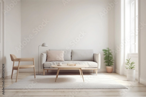 Fototapeta Modern living room in grey and beige colors, interior created with ai generative tools