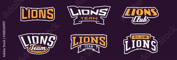 Fototapeta A set of bold fonts for lion mascot logo. Collection of text style lettering for esports, leo mascot logo, sports team, college club logo. Font on ribbon. Vector illustration isolated on background