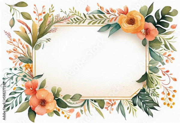 Fototapeta Beautiful Watercolor Floral Frame, Copy Space, Generative AI