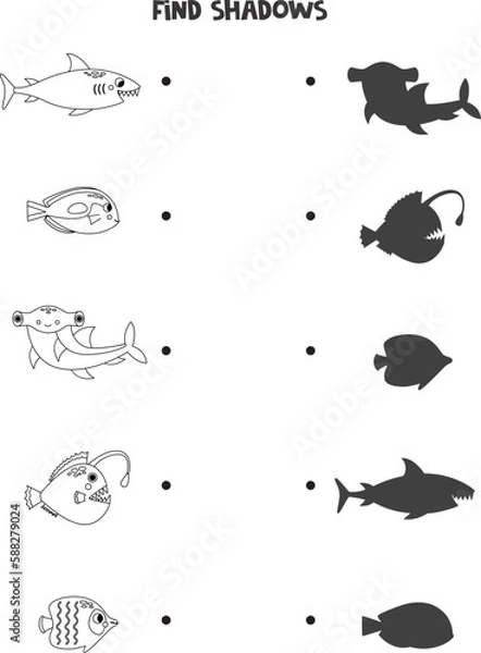 Fototapeta Find the correct shadows of black and white sea animals. Logical puzzle for kids.