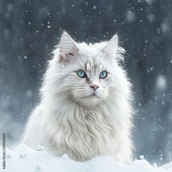 Fototapeta White haired cat under snow