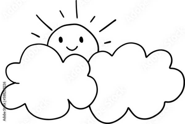 Fototapeta Cute smiling sun behind fluffy cloud cartoon emotion expression  icon. Vector illustration