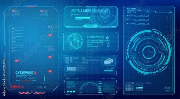 Fototapeta HUD UI GUI futuristic user interface screen elements set. High tech screen for video game. Sci-fi concept design. Square Frames Blocks Set HUD Interface Elements. Futuristic warning frame. Vector