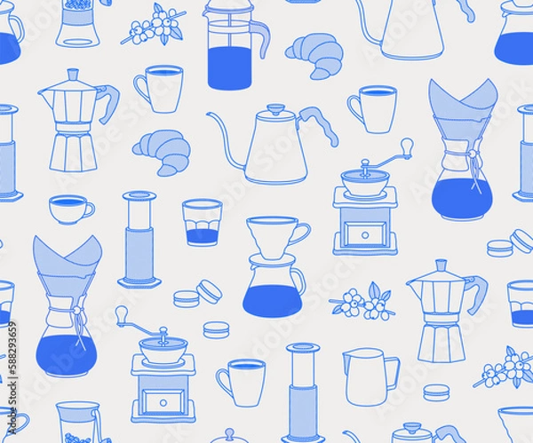Fototapeta Seamless pattern of tools for brewing coffee, sweets, and coffee branch. Line art, retro. Vector illustration for coffee shops, cafes, and restaurants.