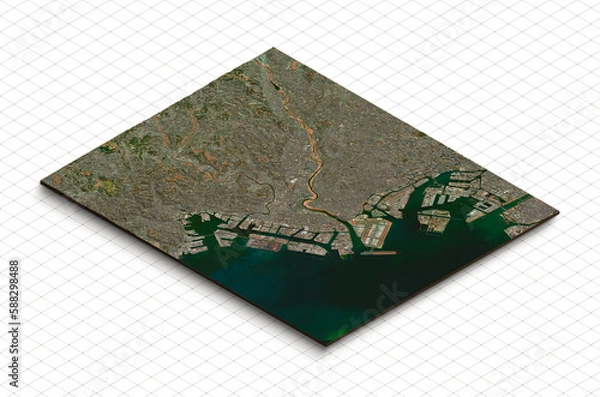 Fototapeta 3d model of Haneda, Ota city, Japan. Isometric map virtual terrain 3d for infographic. Geography and topography planet earth flattened satellite view