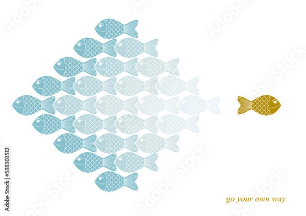 Fototapeta Being different or special vector concept shown with funny cartoon fishes and one is another color and swimming another direction, alternative opposition, variety.