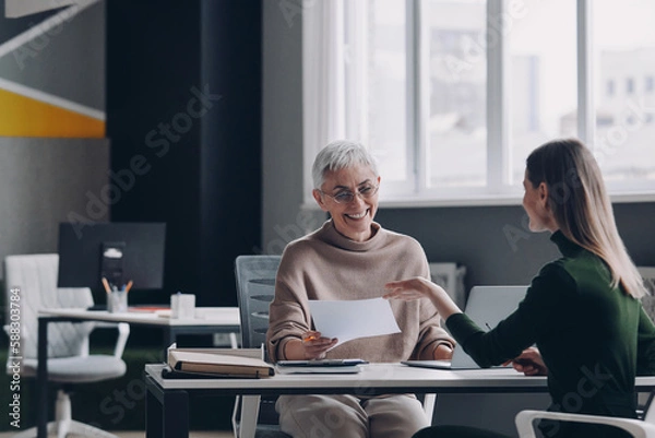 Obraz Happy female HR manager having interview with job candidate while sitting at the office desk