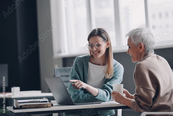 Obraz Financial advisor pointing laptop and smiling while discussing options with senior woman in office