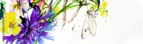Fototapeta Colorful watercolor painting with flowers and a butterfly.