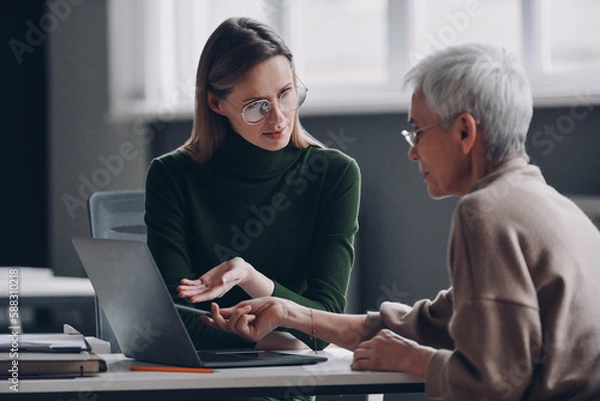 Obraz Confident financial advisor pointing laptop while discussing options with senior woman in office