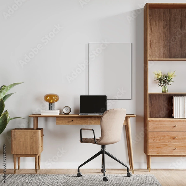 Fototapeta Nordic Home Office Interior Wall Mockup Frame Mockup - 3d Illustration, 3d Rendering