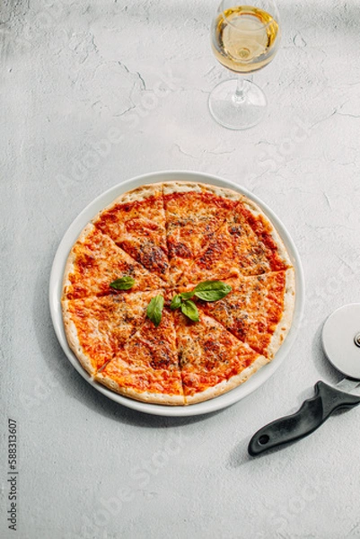 Fototapeta Traditional Italian pizza, vegetables, ingredients on a light background.Pizza menu. View from above. Place for text.