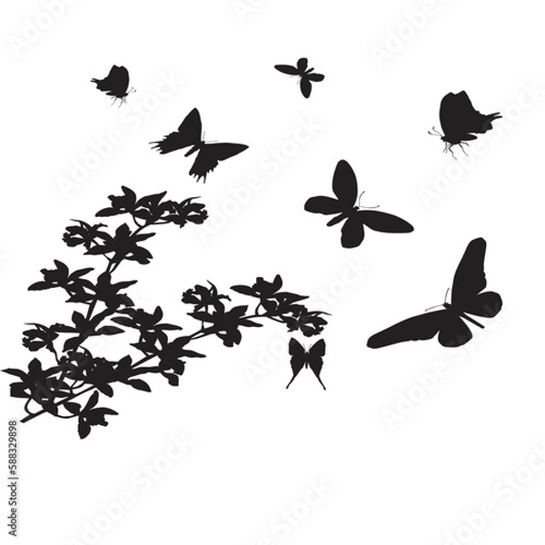 Fototapeta silhouettes of various shapes of butterflies and tree branches