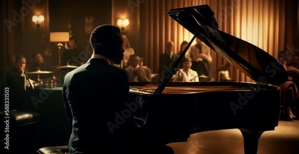 Fototapeta Jazz Nights: Talented Afro-American Pianist Performing Live at an Elegant Piano Bar, Generative AI