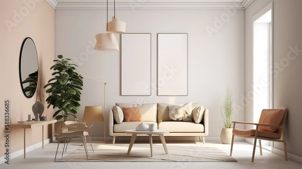Fototapeta Mockup frame in Scandinavian living room interior. Generative Ai