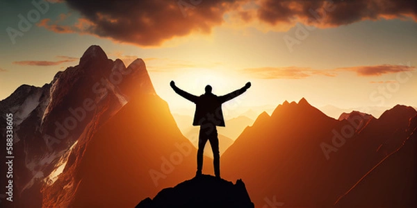 Obraz The concept of life success. Silhouette of a man with his arms raised in victory on the top of a mountain in the bright rays of the rising sun. Generative AI