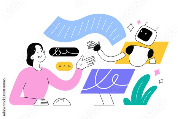 Fototapeta Person using AI chatbot to create a text, young woman gives a prompt to a chat bot, uses a virtual assistant for work to write articles, artificial intelligence concept, vector illustration