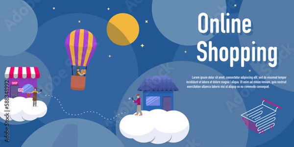 Fototapeta concept shopping and online store with fast delivery, store and house on the cloud At night and there's a balloon and a delivery man.