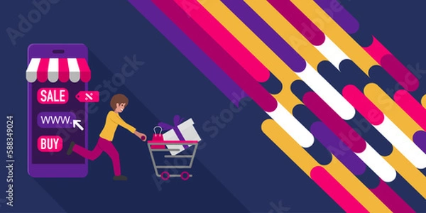 Fototapeta vector illustration concept man pushing a shopping cart off the phone screen and has a beautiful colorful background