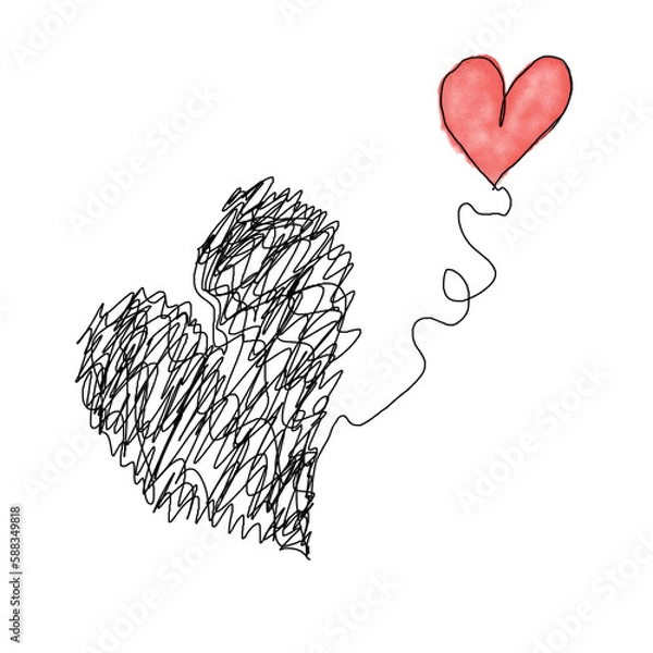 Obraz line art drawing of hearts, two hearts tied together hand drawn illustration