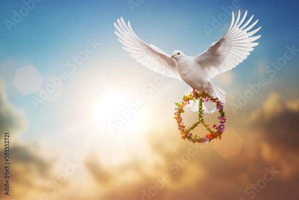Obraz white dove holding flower and branch in symbol of Peace flying on sky for freedom concept ,international day of peace 2023 ,Pray for Ukraine and No war concept